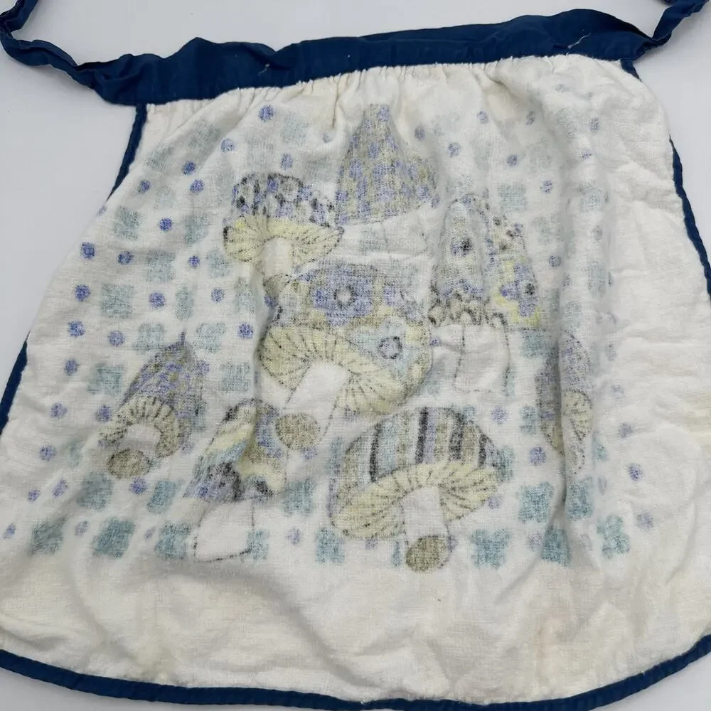Vintage Mushroom Butterfly Terry Cloth Kitchen Blue Half Apron Retro 70s
